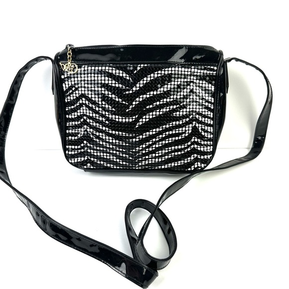 Whiting and Davis Mesh Purse Black  White Patent Leather Handbag Crossbody - Picture 1 of 13